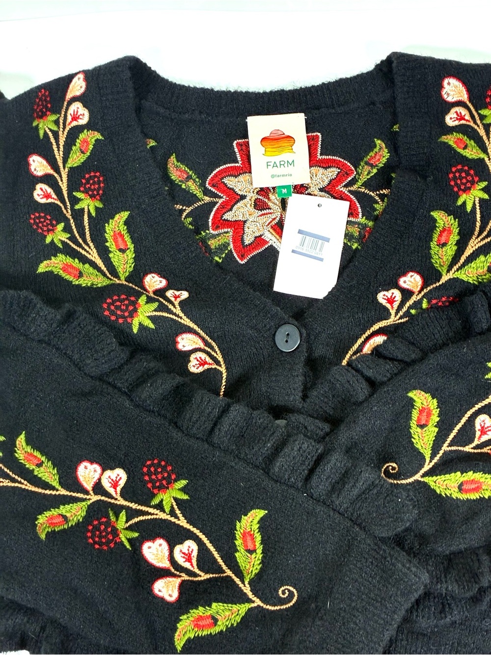 Farm Rio Berry Embroidered Ruffle Cardigan Black Medium NEW - Picture 7 of 16